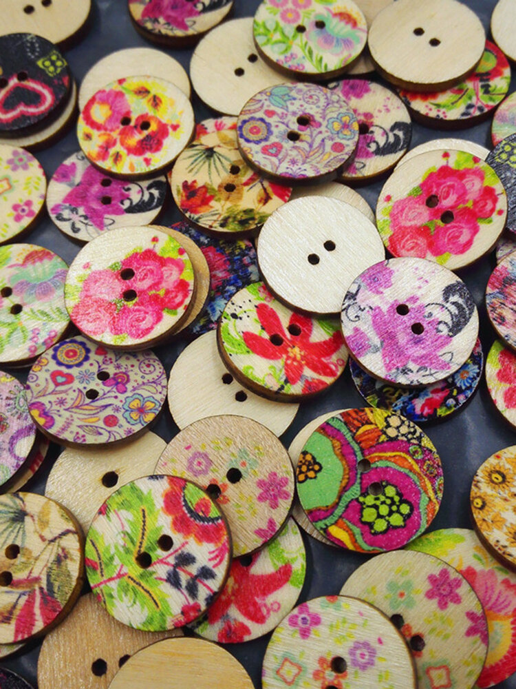 100Pcs Flower Printed Round Wooden Buttons Retro Style Decoration Sewing Buttons DIY Material