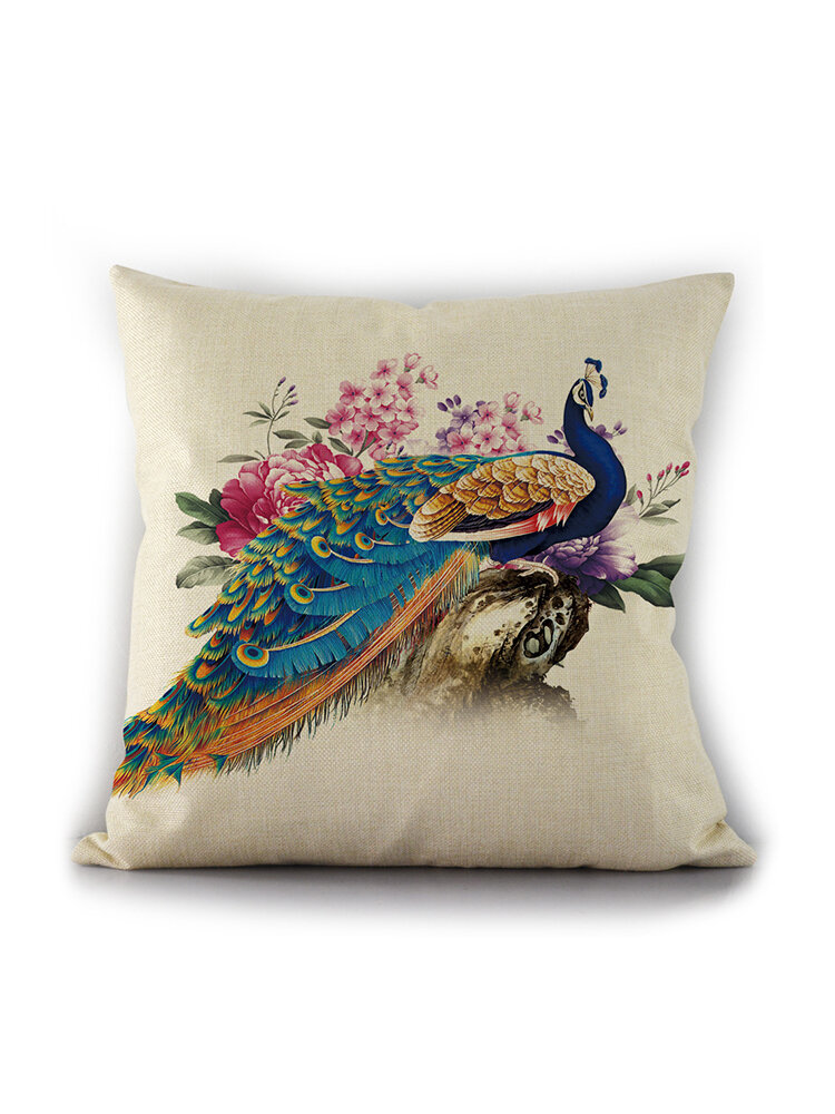 Almohada de lino con flor de pavo real simple Caso Sofá para el hogar Coche Funda de cojín Dec