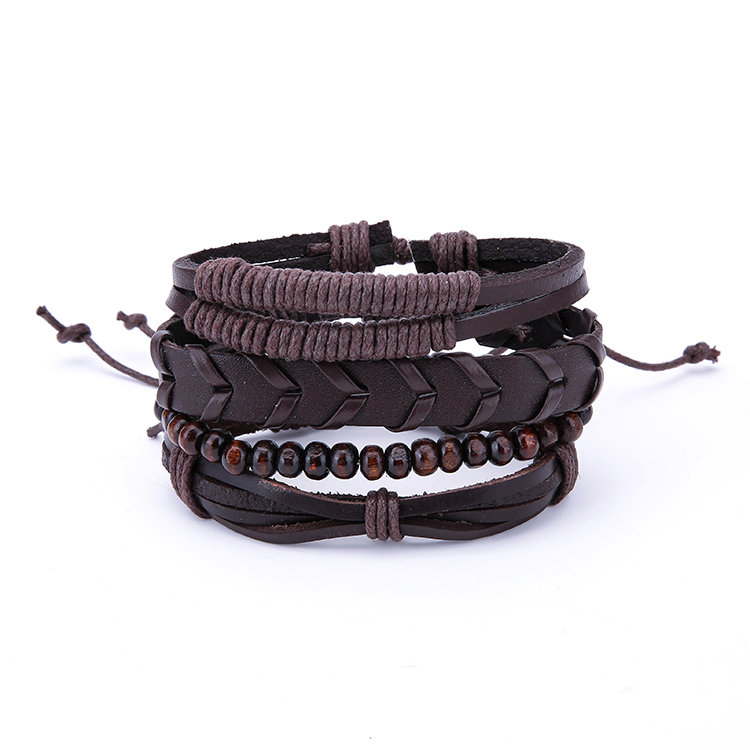 1 Set Adjustable Multilayer Mens Bracelets Retro Punk Wood Beads Brown Leather Bracelets For Men