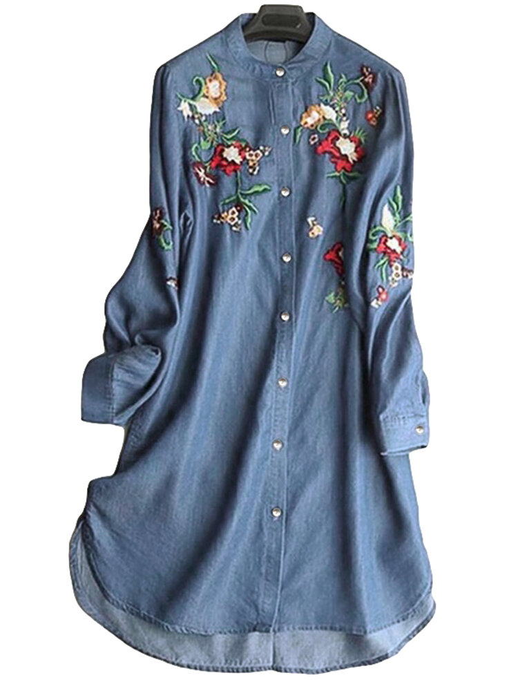 Embroidered Stand Collar Irregular Long Sleeve Vintage Blouse