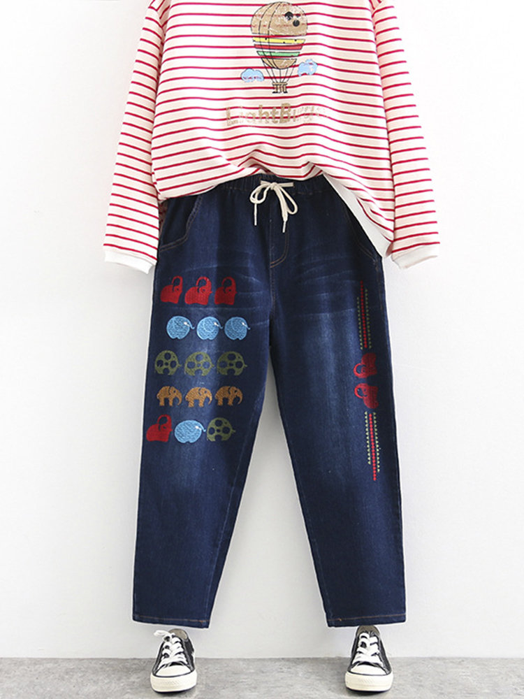

Casual Embroidery Elastic Waist Denim Pants for Women, As picture shows