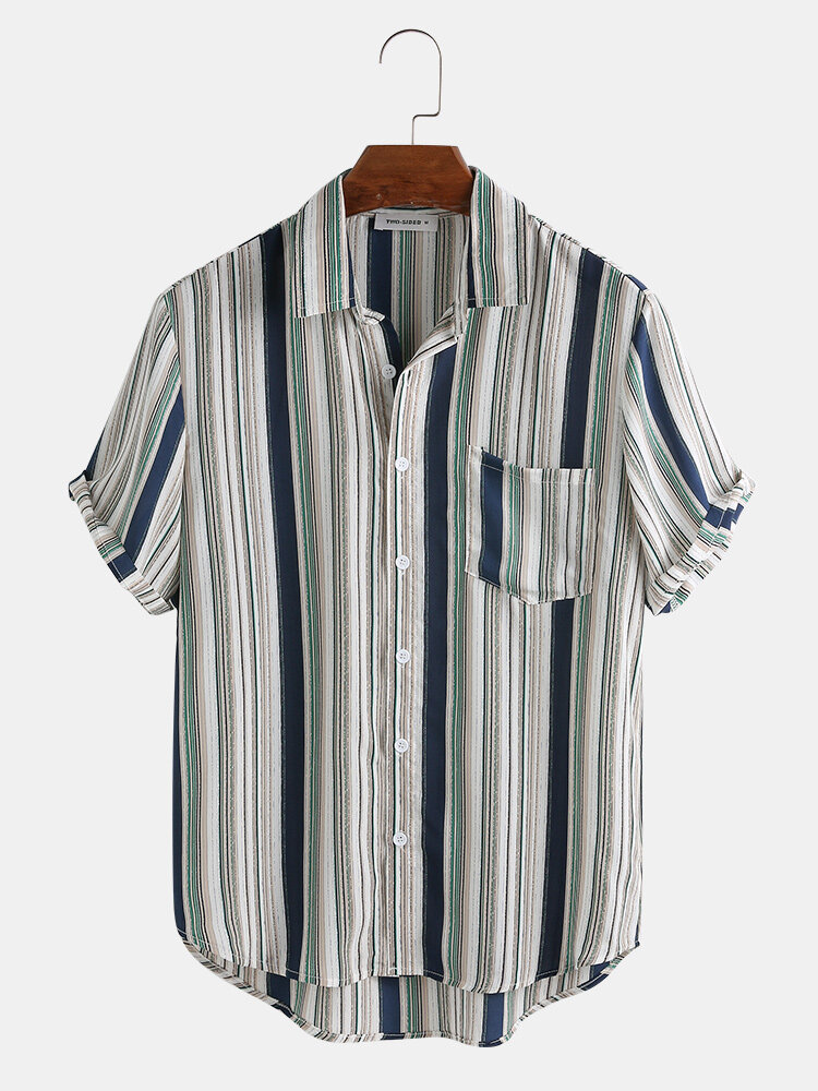 Mens Plain Color Striola Chest Pocket Short Sleeve Shirts