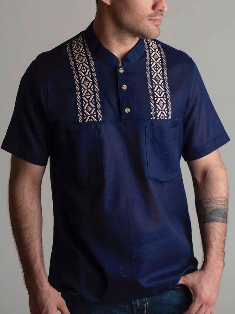 

Mens Geometric Pattern Patchwork Stand Collar Cotton Short Sleeve Henley Shirts, Navy