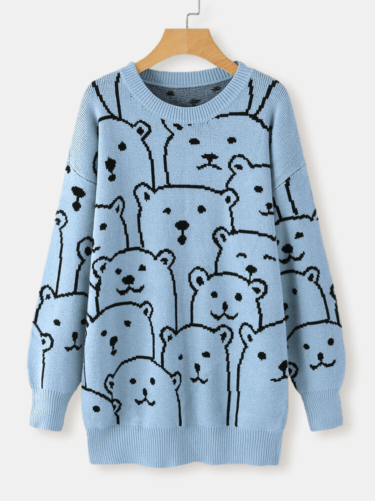 Lovely Cartoon Bear Pattern O-neck Knitted Casual Women Sweater