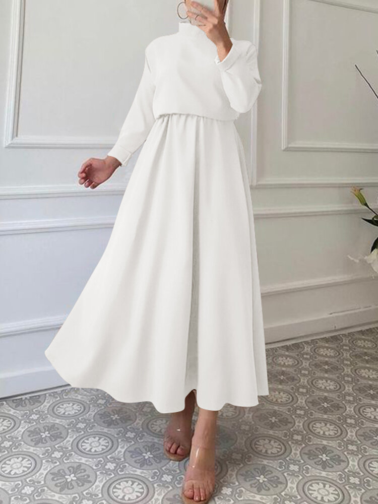 Solid A-line Zip Back Long Sleeve Stand Collar Maxi Dress