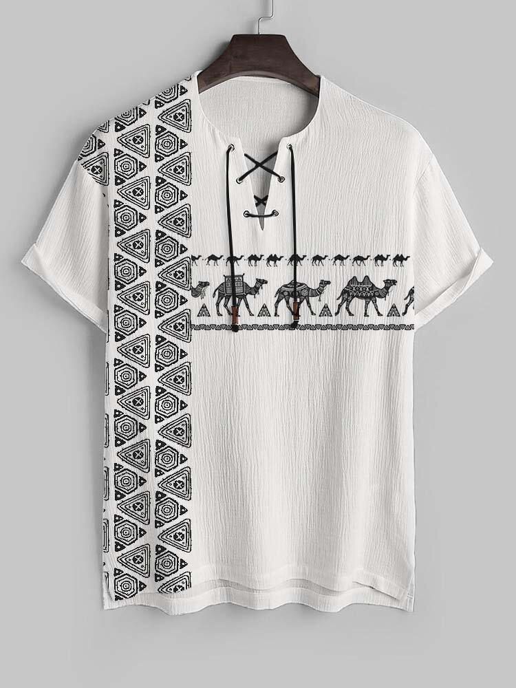

Mens Ethnic Geometric Animal Print Lace-Up Texture Short Sleeve T-Shirts, White