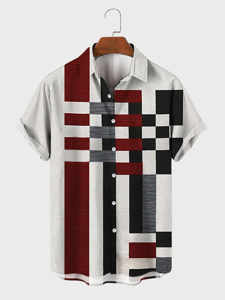 

Mens Geometric Striped Lapel Casual Short Sleeve Shirts, Wine red