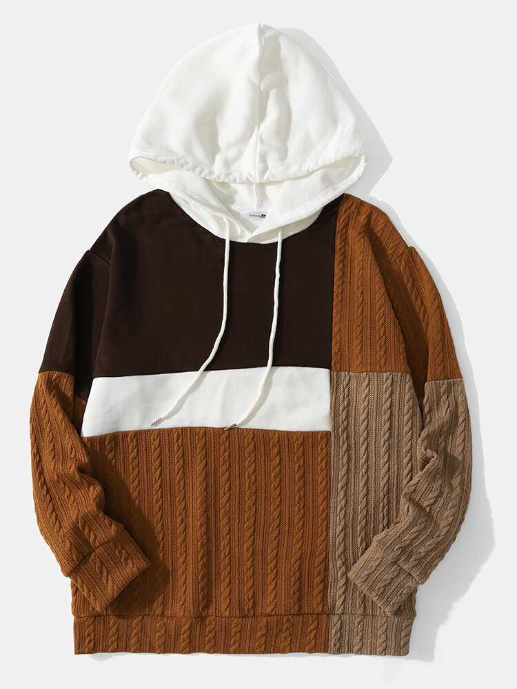 Mens Cable Knit Color Block Patchwork Casual Overhead Drawstring Hoodies