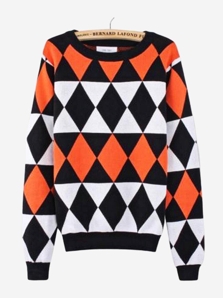Casual Prismatic Gird Pattern Knitted Pullover Sweater