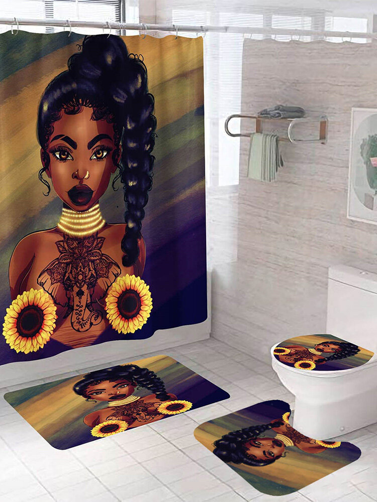 

African Girls Printing Bathroom  Set Toilet Cover Mat Bathroom Non-Slip Mat Rug Kit
