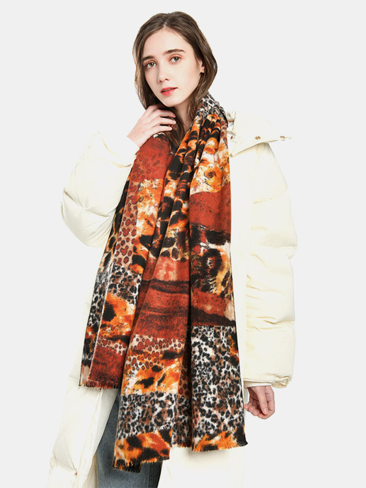 Women Acrylic Artificial Wool Dual-use Patchwork Leopard Print Fashion Warmth Shawl Scarf