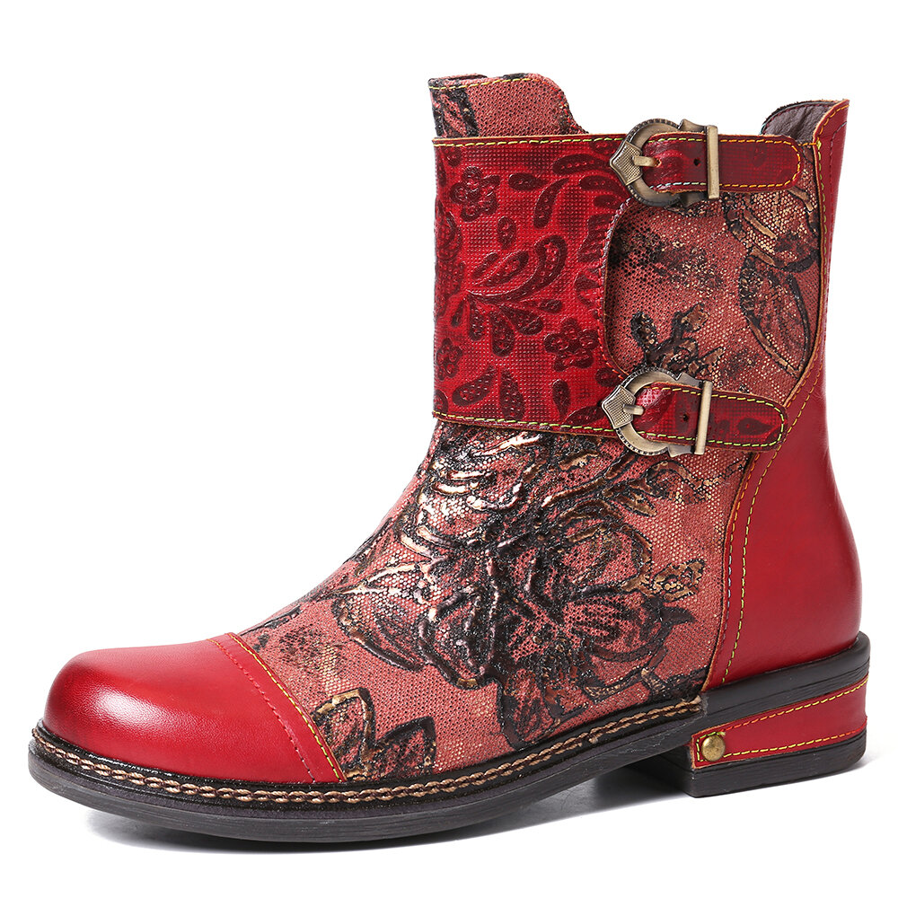 SOCOFY Retro Embossed Rose Genuine Leather Colorful Stitching Flat Zipper Short Boots