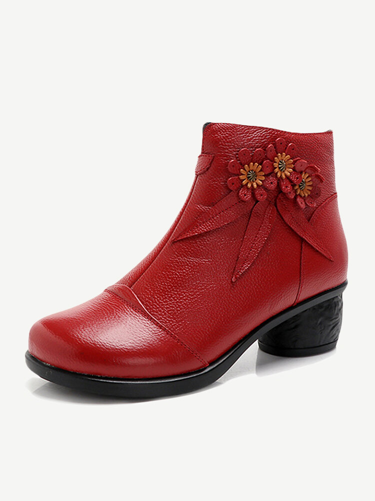 Women Retro Real Leather Flowers Chunky Heel Short Boots