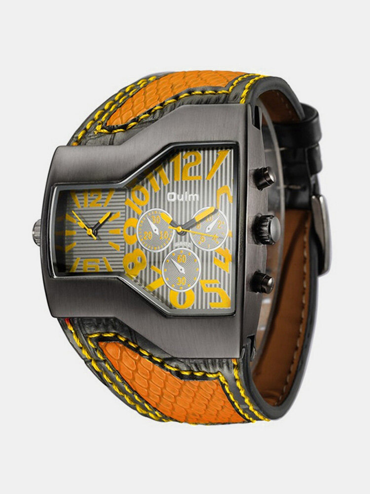 Sport Quartz Wristwatch Two Movements Big Clock Leather Strap Fashion Watch for Men