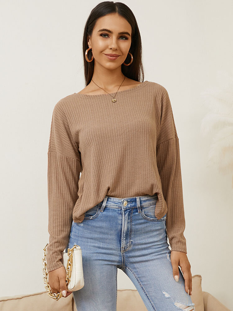 Solid Backless Pearl Long Sleeve Crew Neck T-shirt