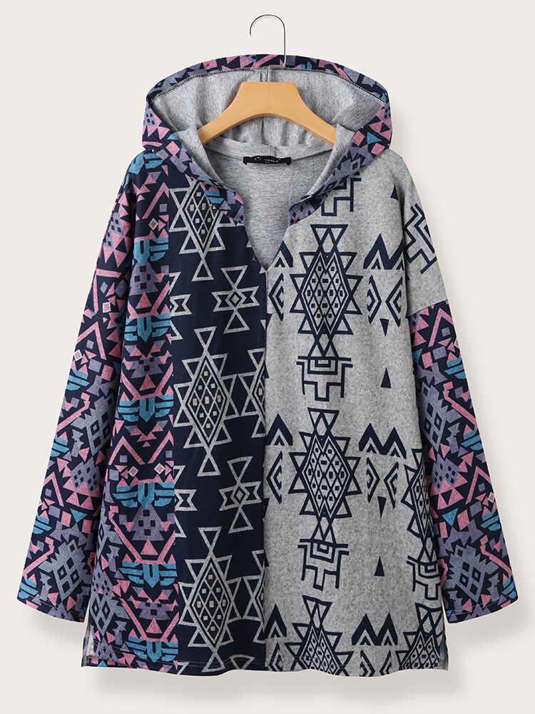 Plus Size Vintage Ethnic Pattern Patchwork Casual Hoodie