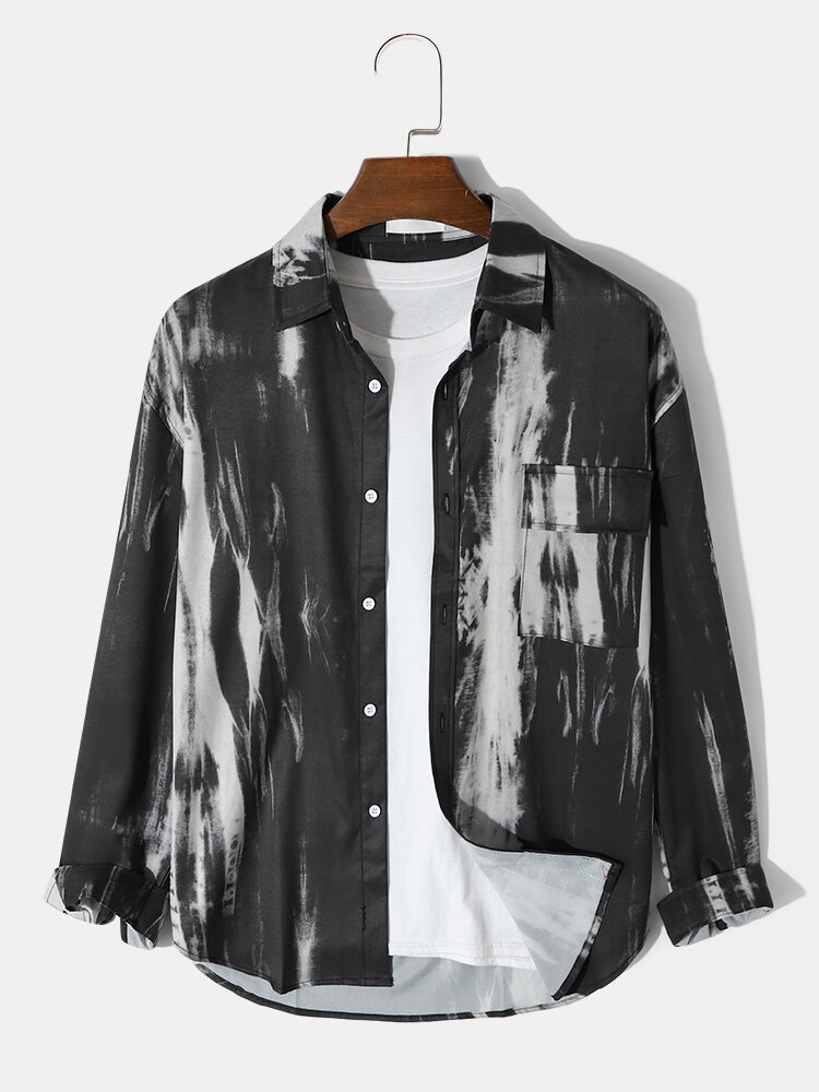 Mens Tie Dye Lapel Button Street Long Sleeve Shirts With Pocket