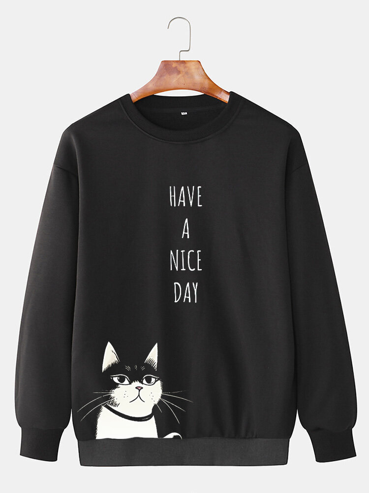 Mens Cat Letter Print Crew Neck Loose Pullover Sweatshirts