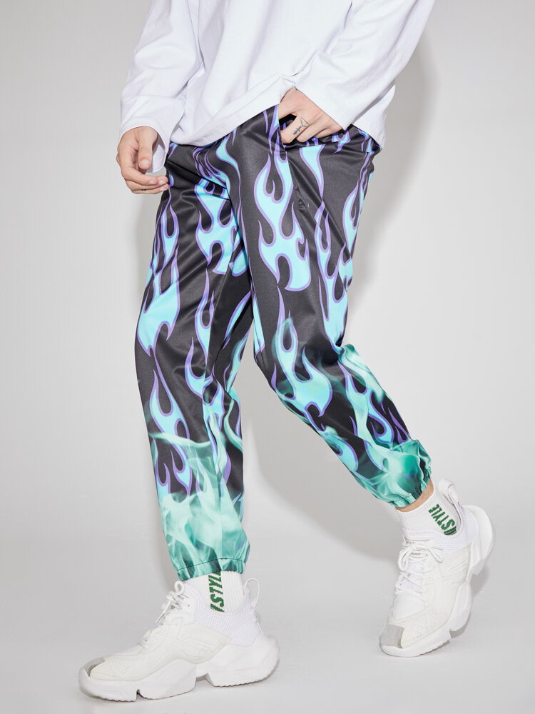 Mens All Over Ombre Flame Print Street Drawstring Cuffed Pants