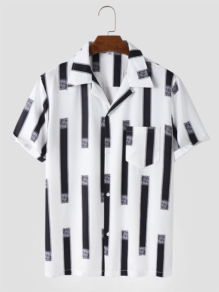Mens Block Striped Print Revere Collar Short Sleeve Shirts