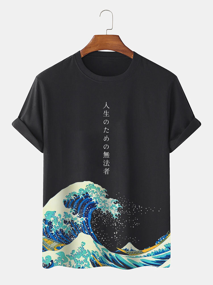 Mens Japanese Wave Print Crew Neck Short Sleeve T-Shirts