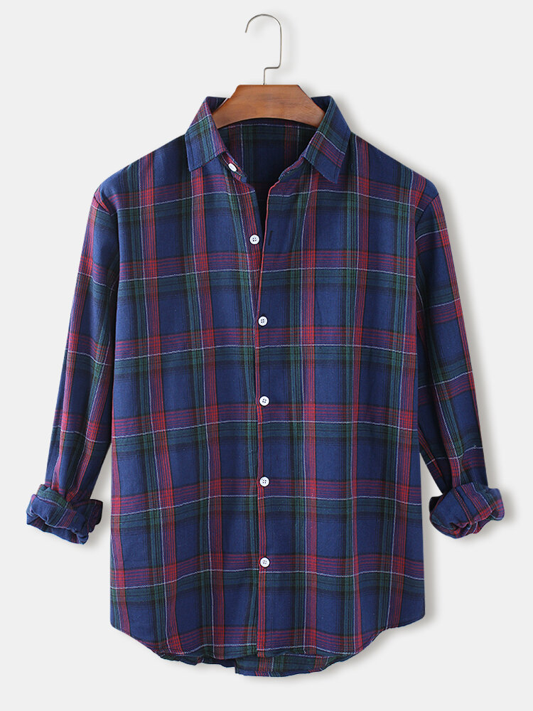 Mens Tartan Turn-Down Collar Relaxed Fit Casual Long Sleeve Shirts