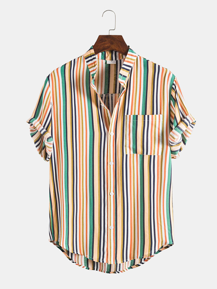 Mens Ethnic Multi Color Striped Casual Round Hem Pocket Shirts