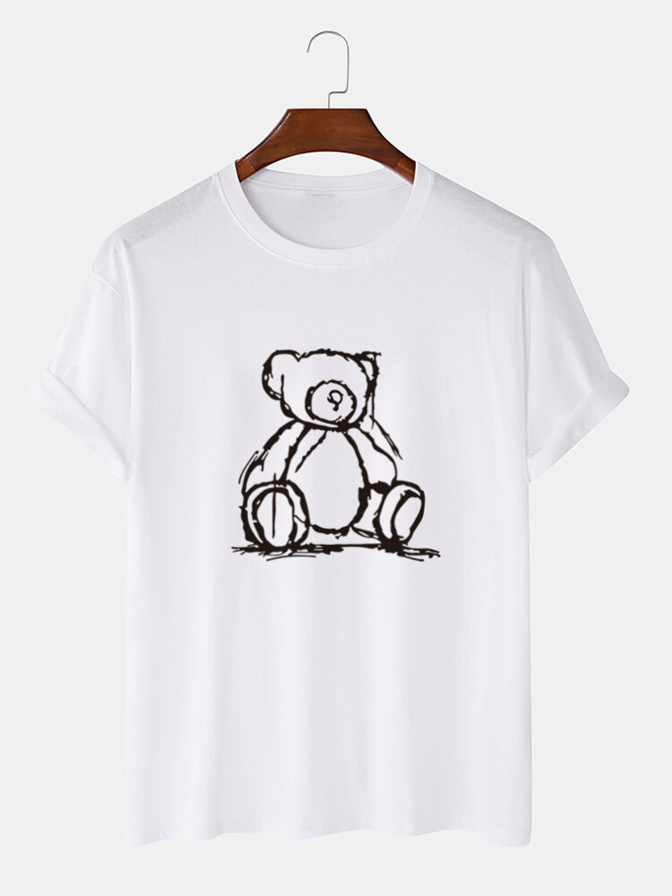Mens 100% Cotton Cartoon Bear Print O-Neck Casual Short Sleeve T-Shirt