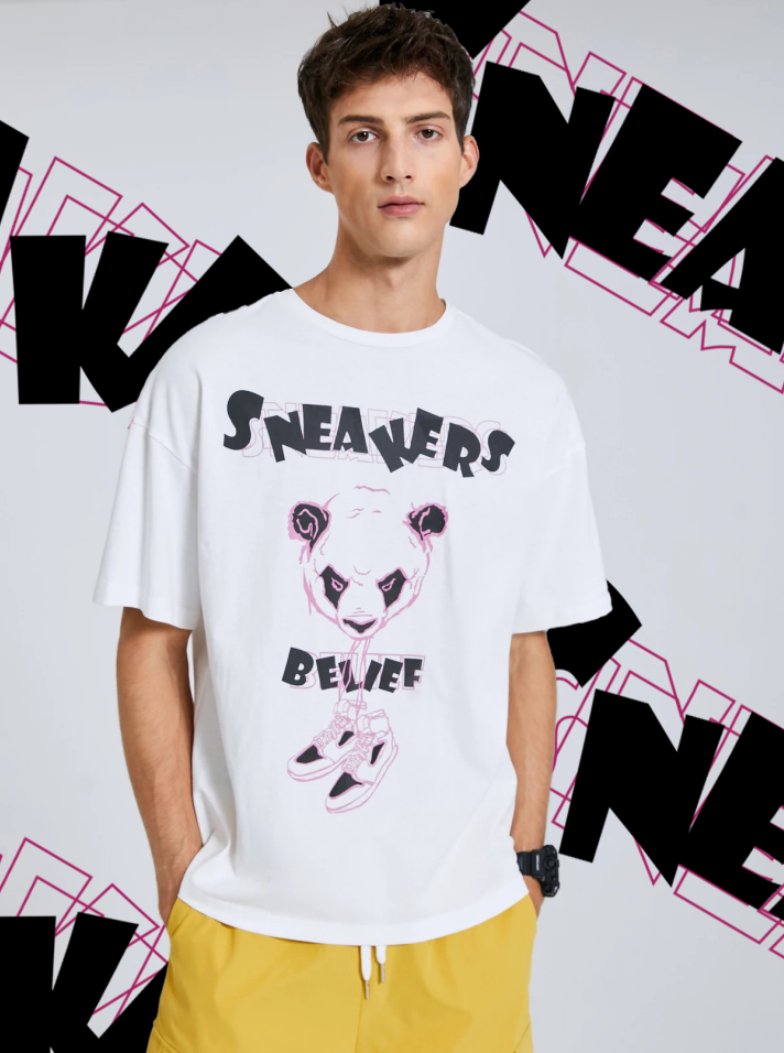 Men 100% Cotton Comfortable Panda And Sneanker Printing T-shirt