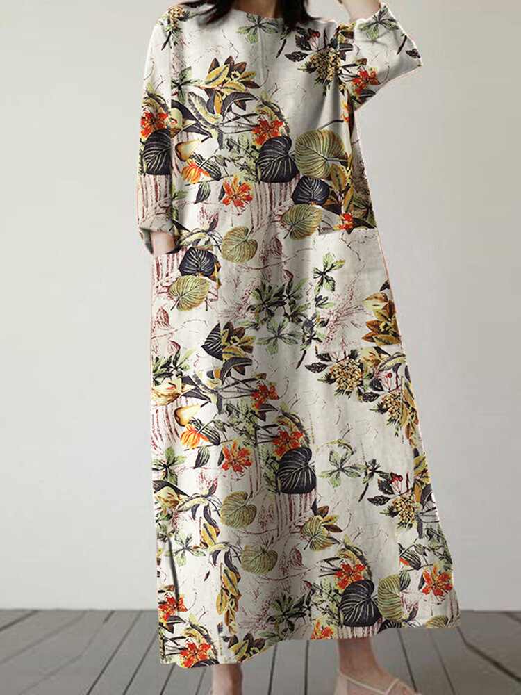 Allover Flower Print Slit Crew Neck Pocket Dress