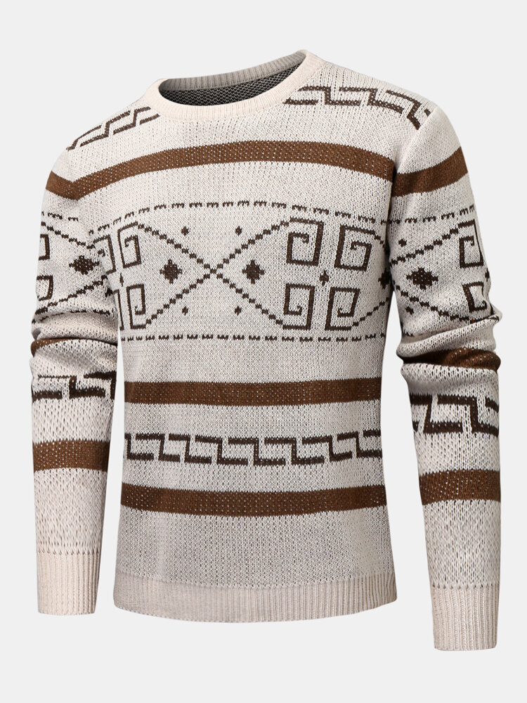 

Mens Jacquard Knit Ethnic Pattern Crew Neck Street Pullover Sweaters, Apricot