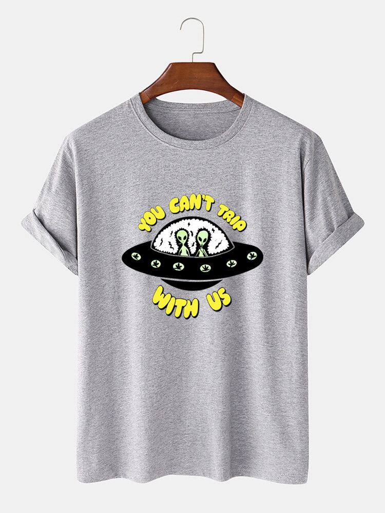 Mens Cotton Alien & Spaceship Print Loose Light O-Neck T-Shirts