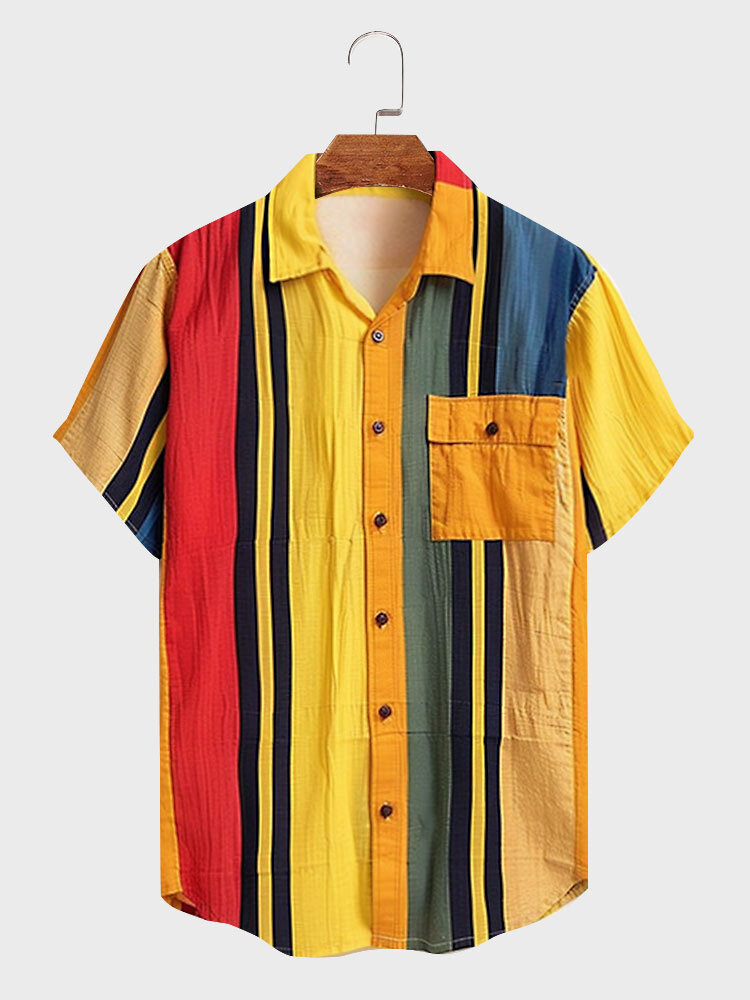 Camisas masculinas Colorful listradas com bolso no peito e lapela