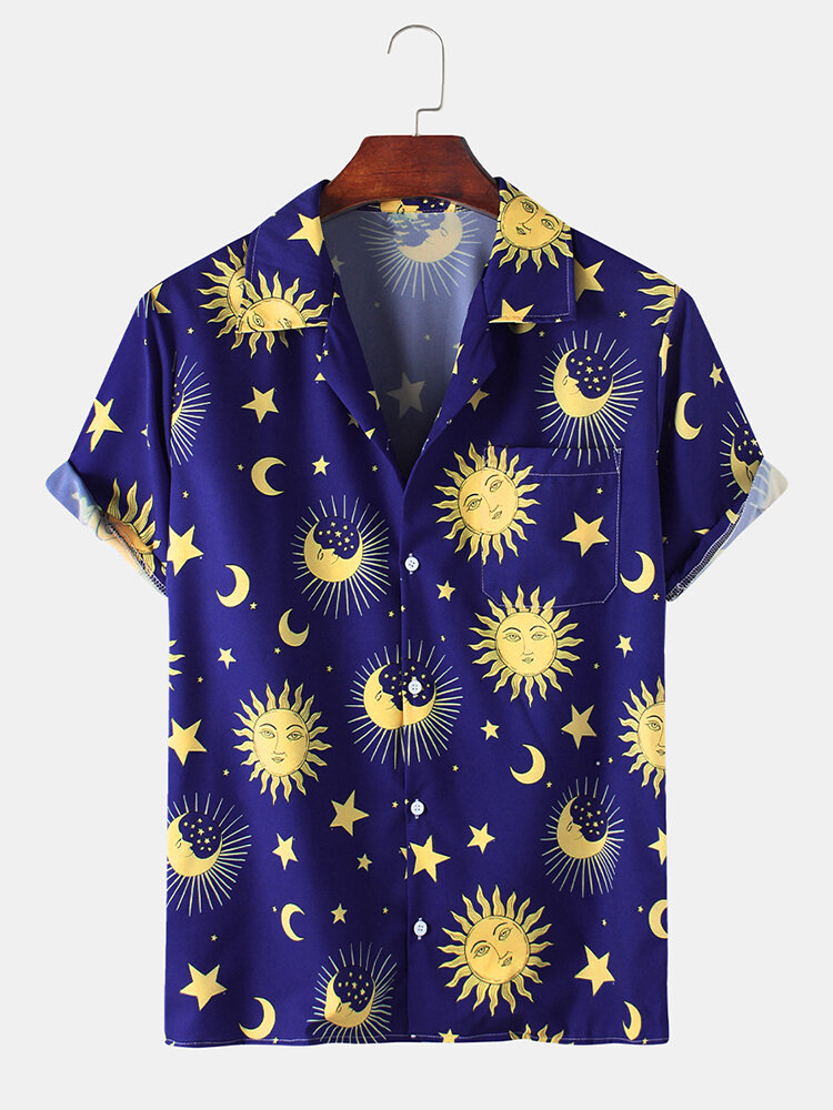 Mens Fun Cartoon Star Moon Print Beach Casual Shirt