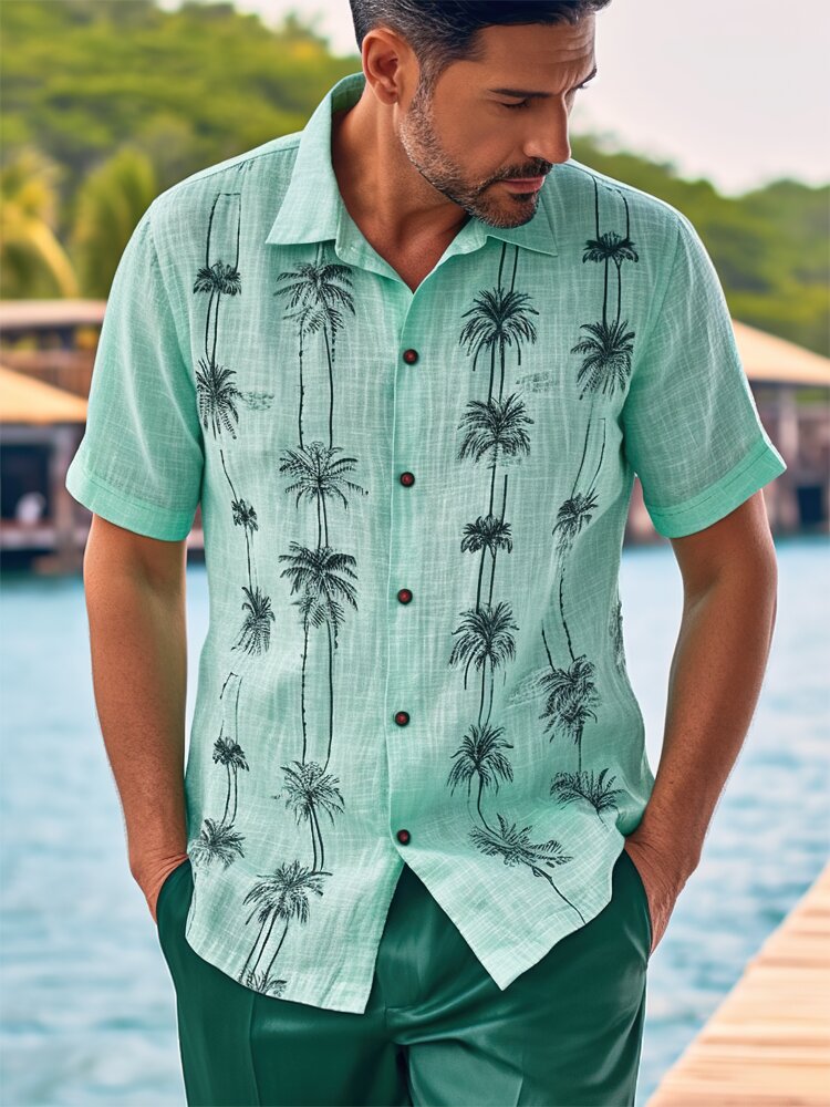 Chemises à manches courtes de vacances à revers à imprimé cocotier pour hommes