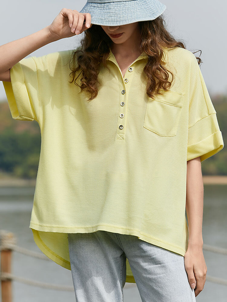 Solid Button Pocket Lapel Loose Short Sleeve Casual Blouse