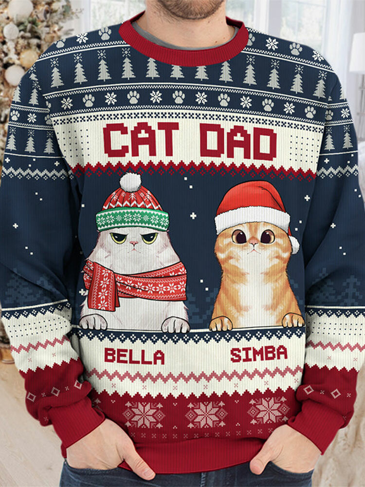 Mens Christmas Cat Snowflake Print Crew Neck Pullover Sweatshirts