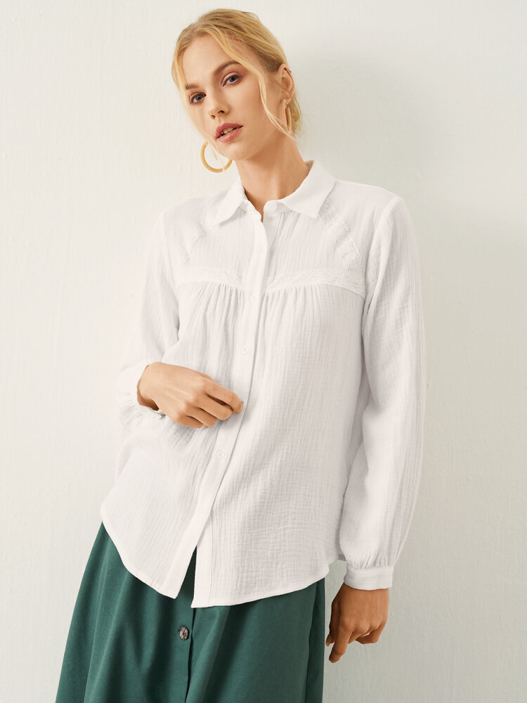 Solid Long Sleeve Lapel Button Front Women Shirt