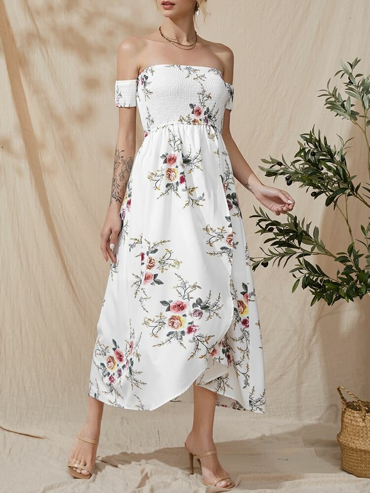 Flower Print Short Sleeve Asymmetrical Hem Maxi Dress