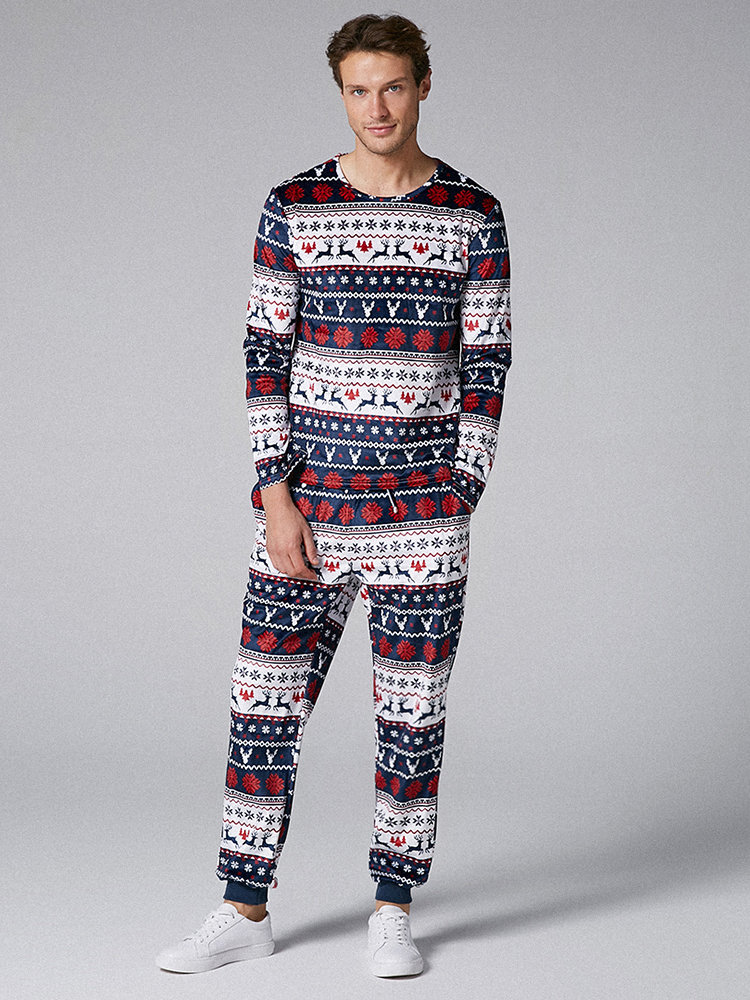 Mens Two-Pieces Christmas Pajamas Sets Peers Fairisle Print Holiday O Neck Sleepwear Loungewear