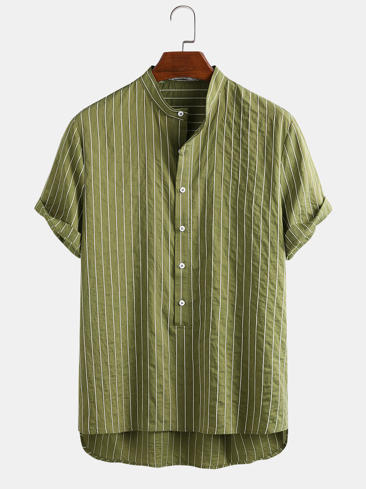 Mens Soft & Breathable Wrinkled Vertical Pinstripe Casual Henley Shirt