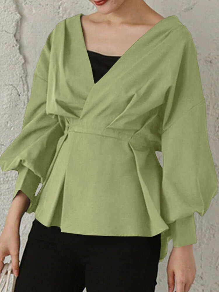 Solid V-neck Lantern Long Sleeve Knotted Loose Women Blouse