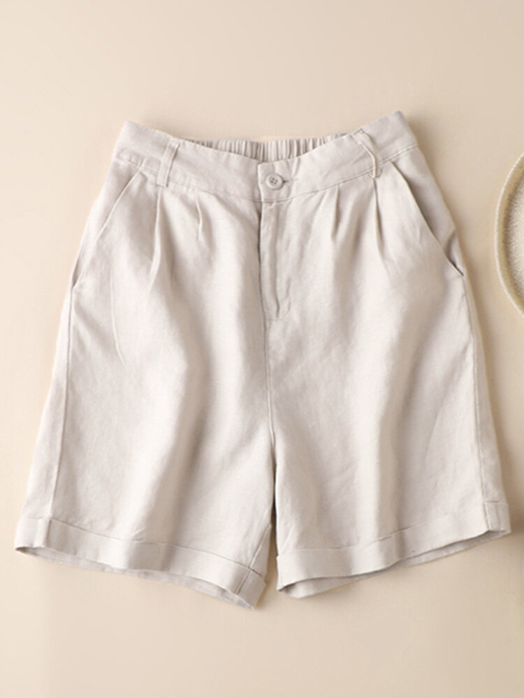 Solid Rolled Hem Pocket Elastic Waist Casual Shorts