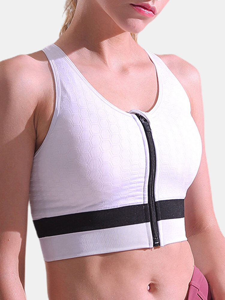

Zip Front Sports Bra Wireless Shockproof Full Coverage For Yoga Gym, White;blue;black