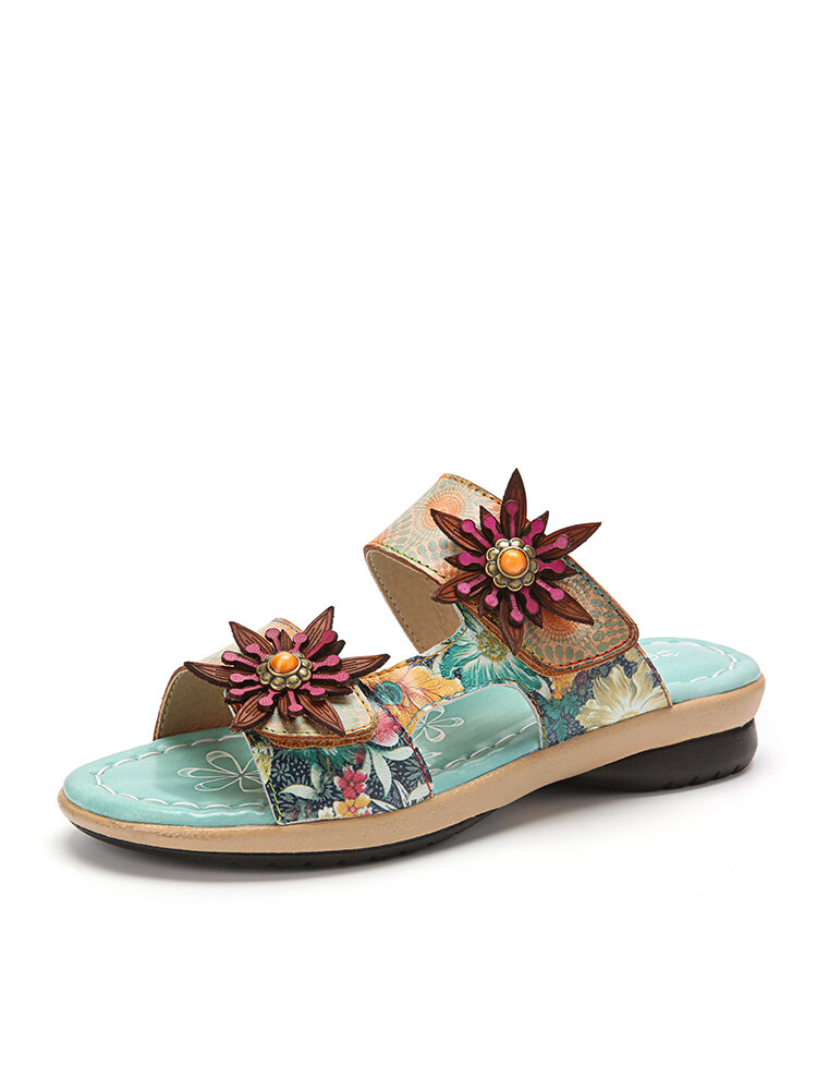 Socofy Genuine Leather Comfy Halcyon Beach Vacation Bohemian Ethnic Floral Decor Slide Sandals