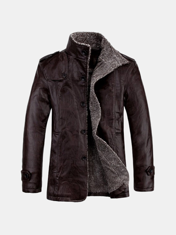 Men's PU Leather Jacket Vintage Slim Fit Plush Thick Warm Winter Coat