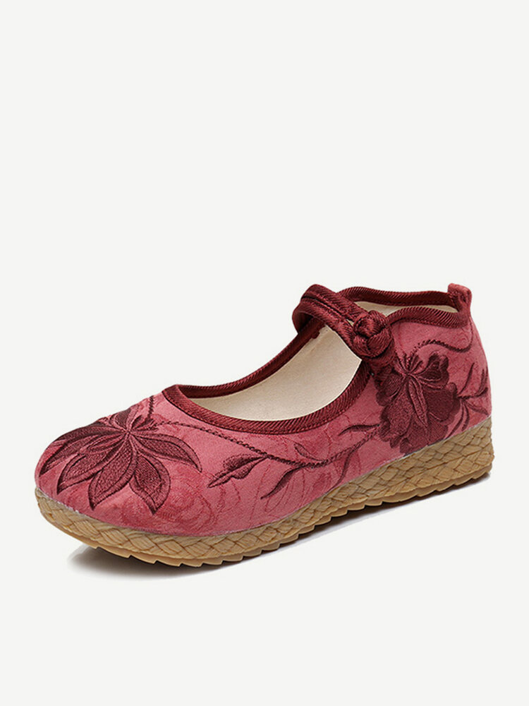 حذاء لوفرز مسطح بتصميم عقدة صينية مطرز بالزهور للنساء