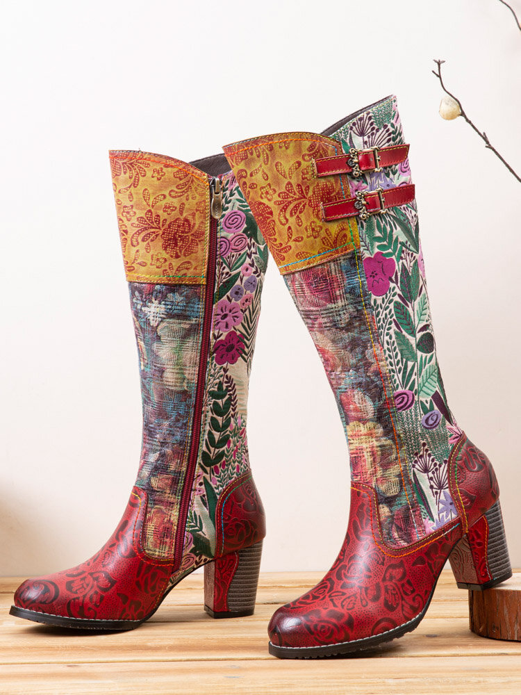 Socofy Retro Floral Printed Leather Patchwork Buckle Design Side Zipper Chunky Heel Comfy Knee Boots