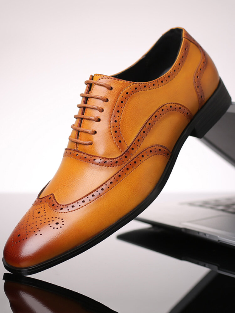 Men Retro Microfiber Leather Non Slip Brogue Formal Dress Shoes