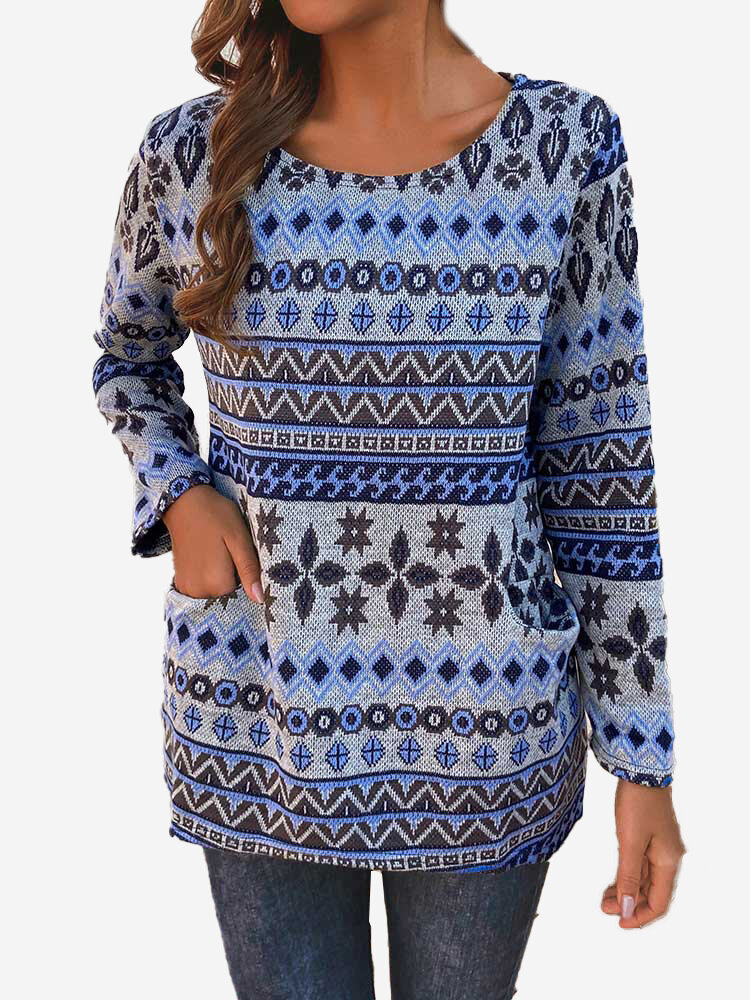 Vintage Print Crew Neck Long Sleeve Knit Sweater For Womens
